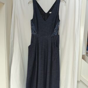 Denim blue stretch sleeveless dress with lace insets